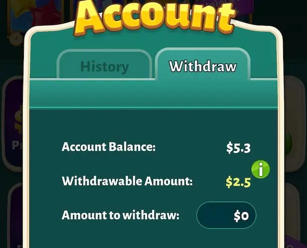 A screenshot of the author's Account screen in the Solitaire Cash app. It shows a total balance of $5.30 and a withdrawable amount of $2.50. 