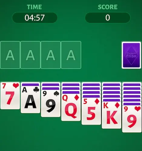 A screenshot from Solitaire Cash showing the basic setup of a digital Solitaire game, except that there's a timer in the corner counting down from 5 minutes. There's also a score box, currently at 0 points.