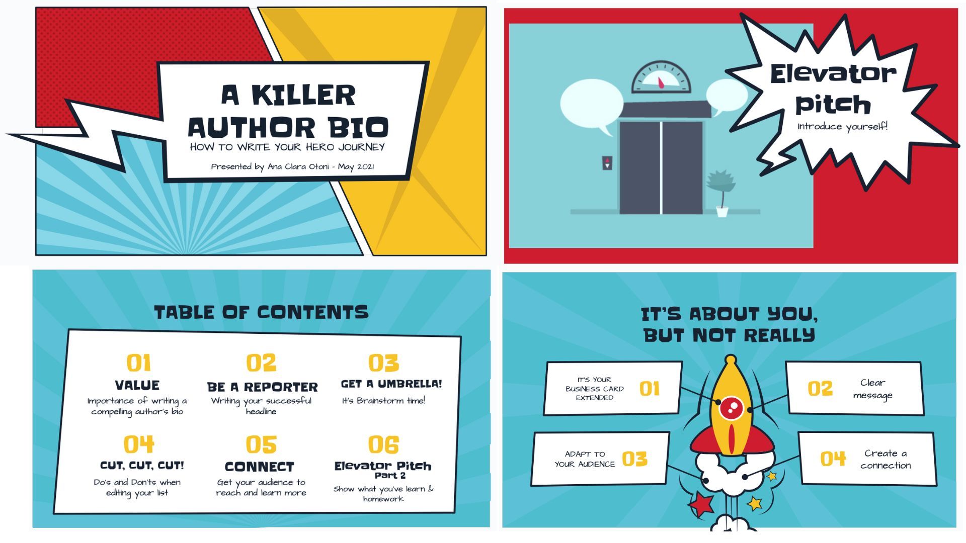 Some of the slides in my presentation on "A Killer Author Bio: How to Write Your Hero Journey" (Photo: Ana Clara Otoni)