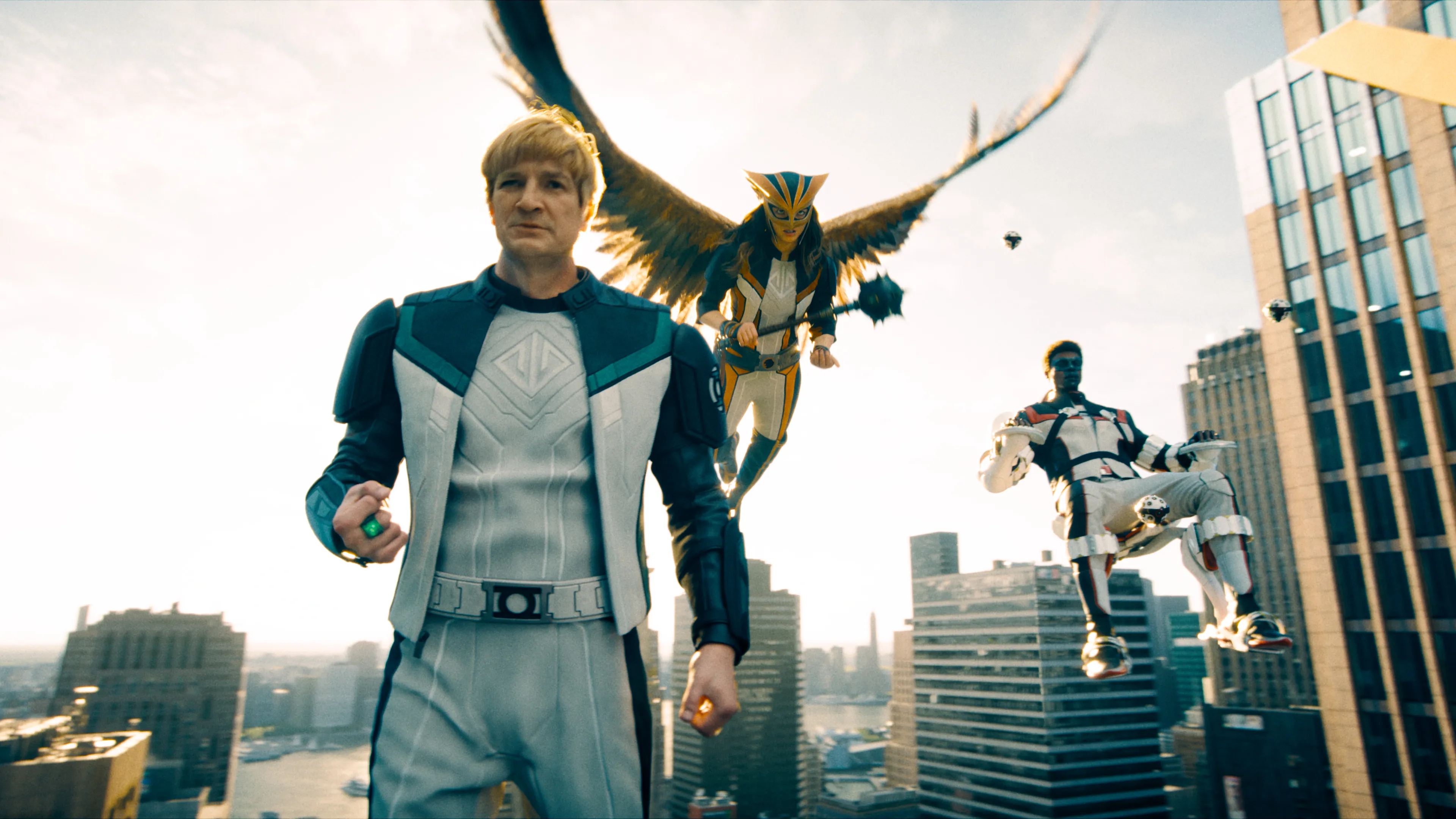 (From L-R) NATHAN FILLION as Guy Gardner, ISABELA MERCED as Hawkgirl and EDI GATHEGI as Mr. Terrific in DC Studios’ and Warner Bros. Pictures’ “SUPERMAN,” a Warner Bros. Pictures release.