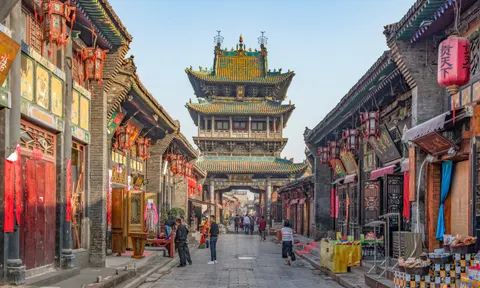 Tower in the market in Pingyao, an ancient city in China.