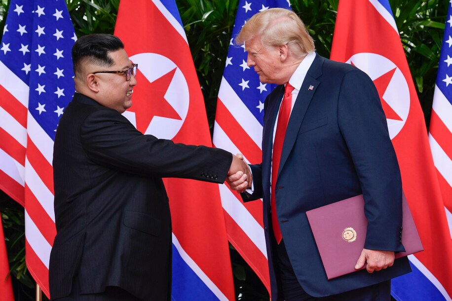 North Korean leader Kim Jong Un and President Trump shake hands on June 12 at the conclusion of their meetings in Singapore.