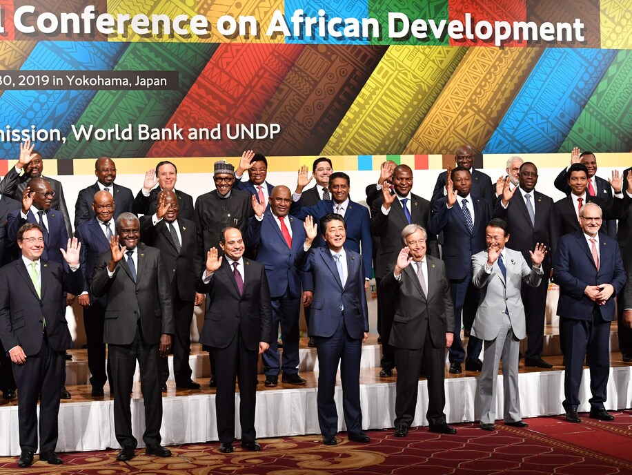 Japanese Prime Minister Shinzo Abe, Egyptian President Abdel Fatah al-Sissi and U.N. Secretary-General António Guterres pose with other African leaders during the Tokyo International Conference on African Development in Yokohama on Wednesday.