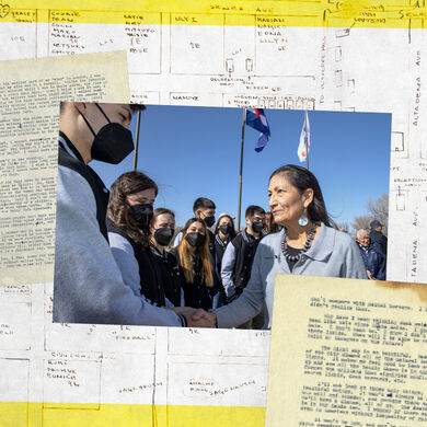 Secretary of the Interior, Deb Haaland shakes hands with student members of the Amache Preservation Society.