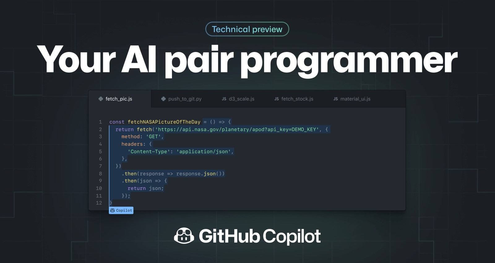 An image of Github's new AI programming software called CoPilot. It includes their logo, a screenshot of a code snippet and their tagline