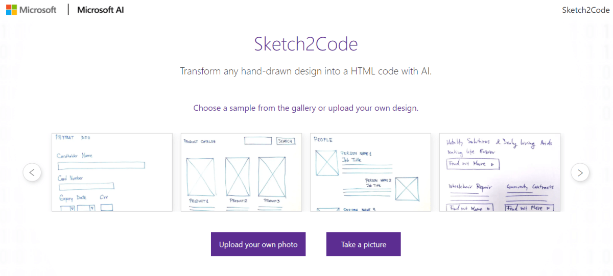 An image of Microsoft's Sketch2Code product page that has the tagline